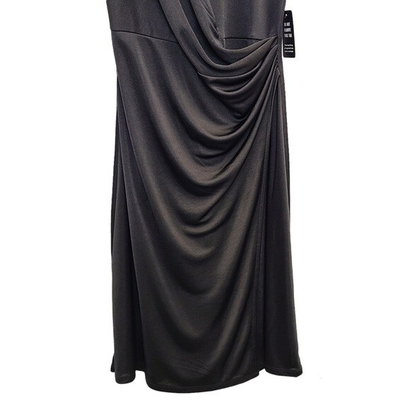 NWT EXPRESS Black Satin Cap Padded Shoulder Sleeve Ruched Dress XS - Picture 7 of 16